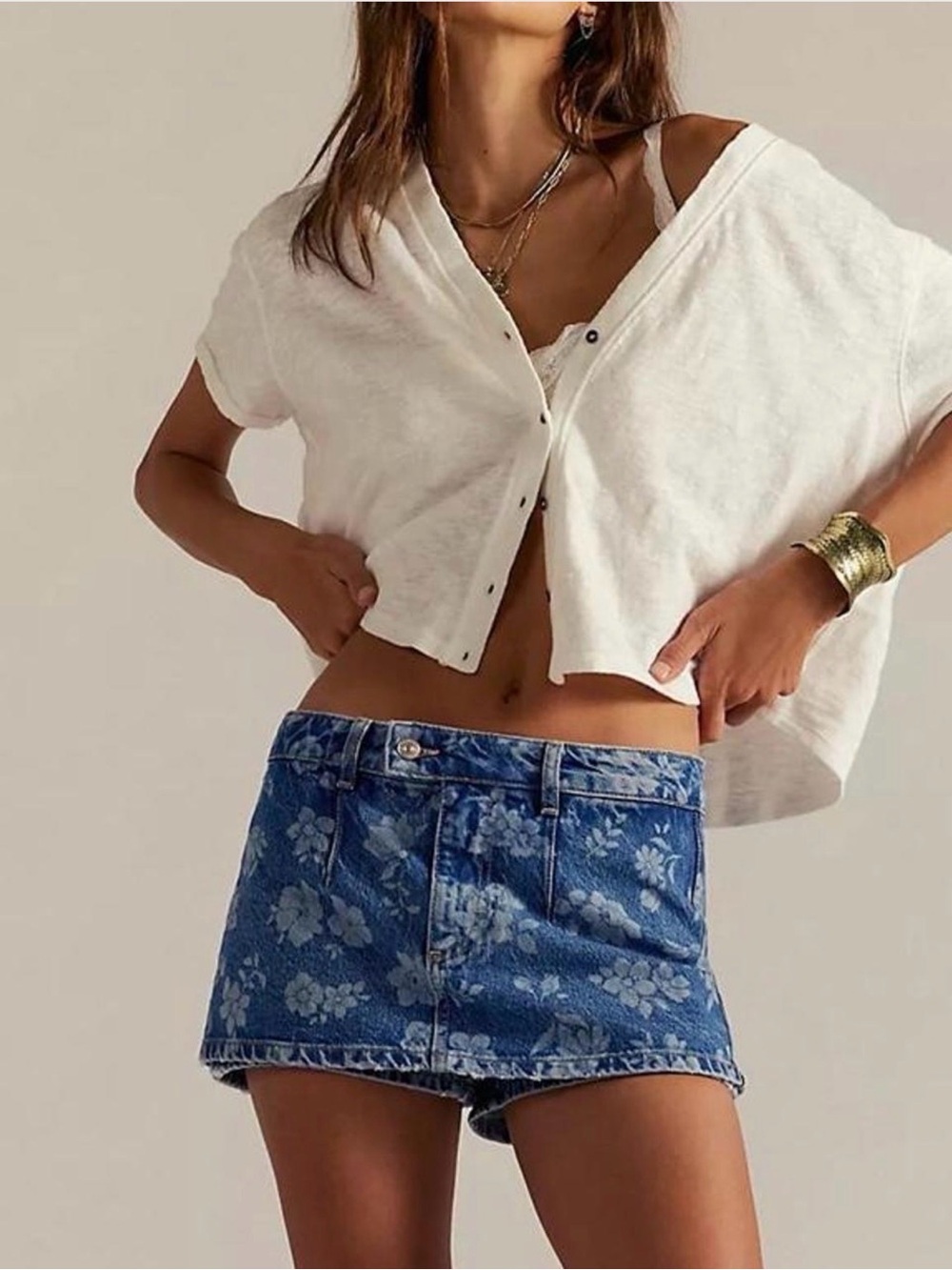 We The Free Blue Floral Denim Skort